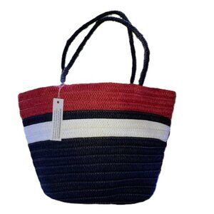 BEACH Tote Bag Hand Bag in Black Red White Stripes 18 x 12 x 4 inches